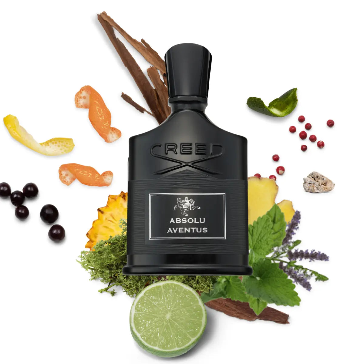 Creed - Absolu Aventus Parfumflakon in mattem Schwarz umgeben von frischen und würzigen Duftnoten