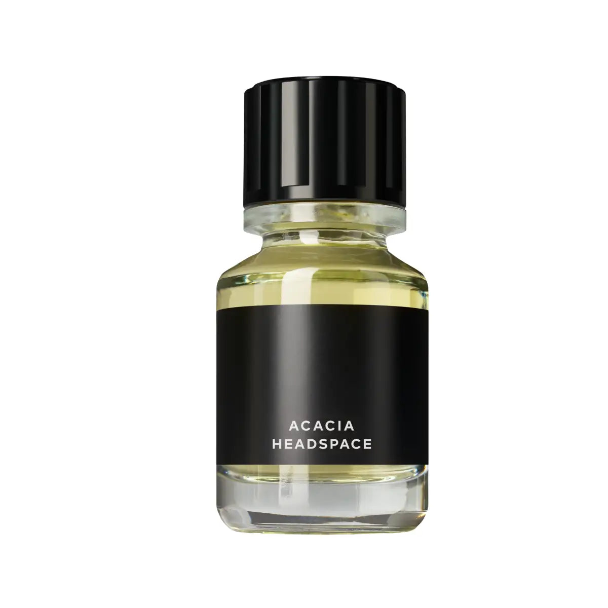 Headspace - Les Extraits - Acacia Parfumflakon mit schlichtem schwarzem Etikett und klarer Flüssigkeit auf weißem Hintergrund