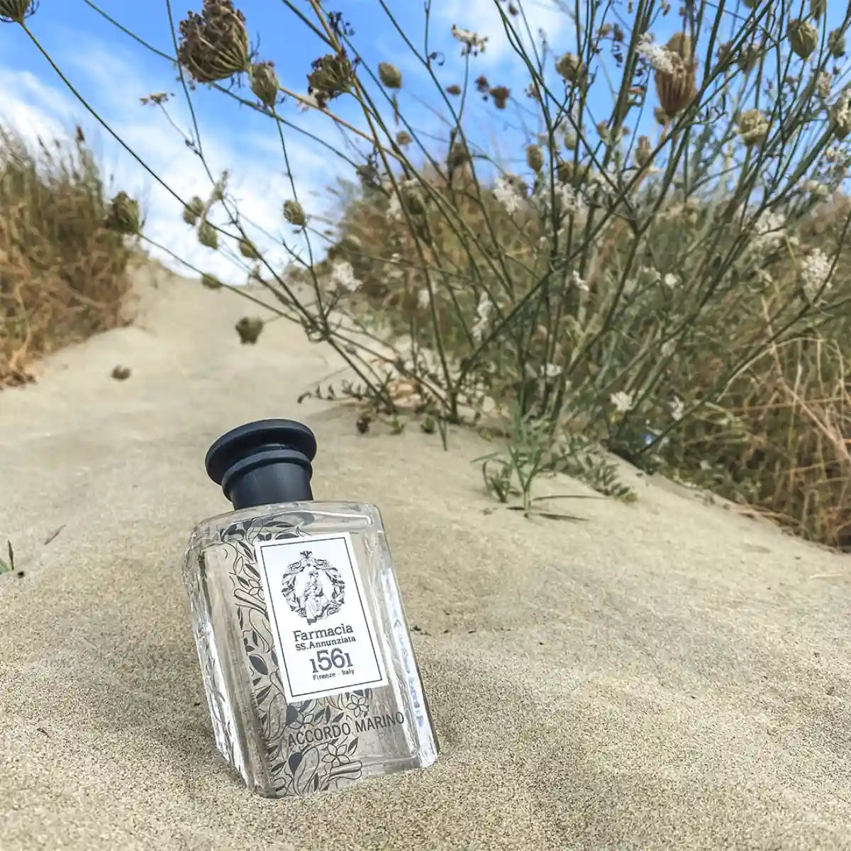 Farmacia SS. Annunziata - Accordo Marino Parfumflakon liegt im Sand umgeben von Gräsern vor blauem Himmel