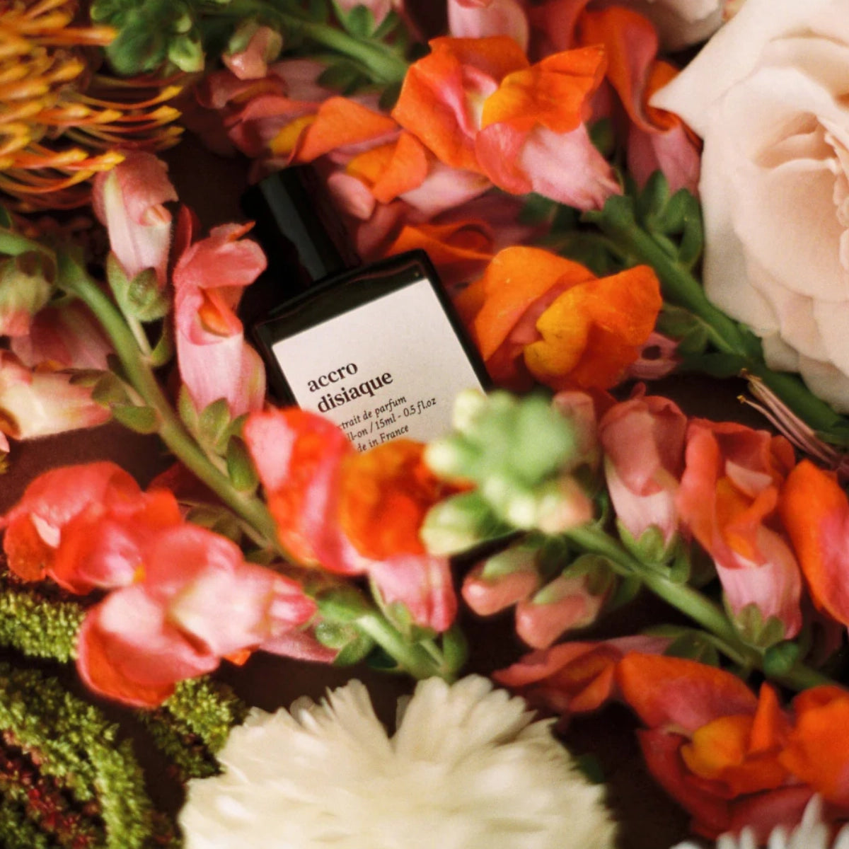 Versatile - Accro Disiaque Eau de Parfum in schwarzem Flakon umgeben von bunten Blüten und zarten Blättern