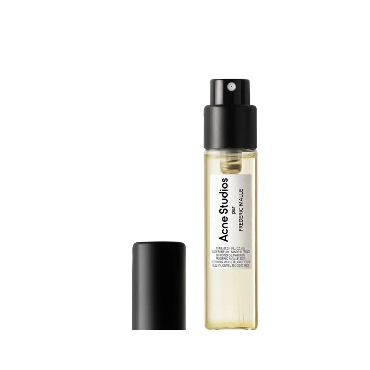 Frédéric Malle - Acne Studios by Frédéric Malle kleine transparente Sprayflasche mit schwarzem Sprühkopf vor weißem Hintergrund