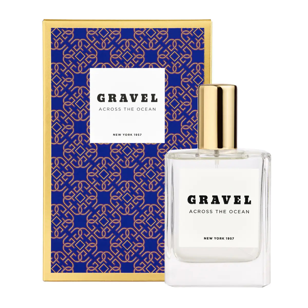 Gravel - Across the Ocean Parfumflakon mit klarem Glas und goldfarbenem Verschluss vor blau-goldener, gemusterter Verpackung