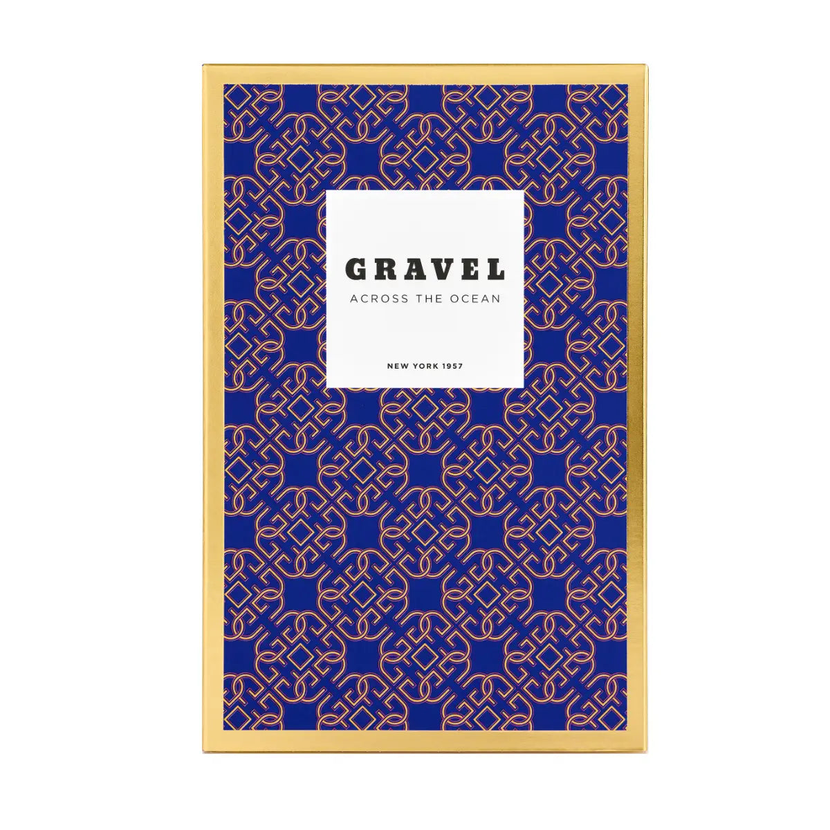Gravel - Across the Ocean Verpackung mit blauem Hintergrund und goldfarbenem, filigranem Muster im eleganten Design