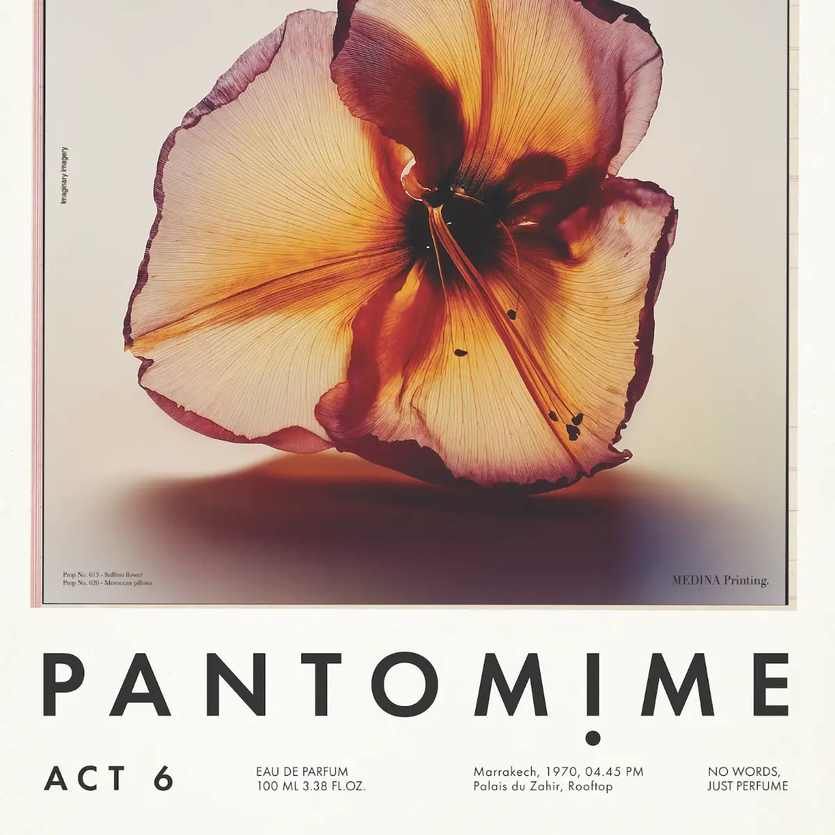 Pantomime - Act 6 Duftwerbung mit filigraner Blütenaufnahme und minimalistischer Typografie auf hellem Hintergrund