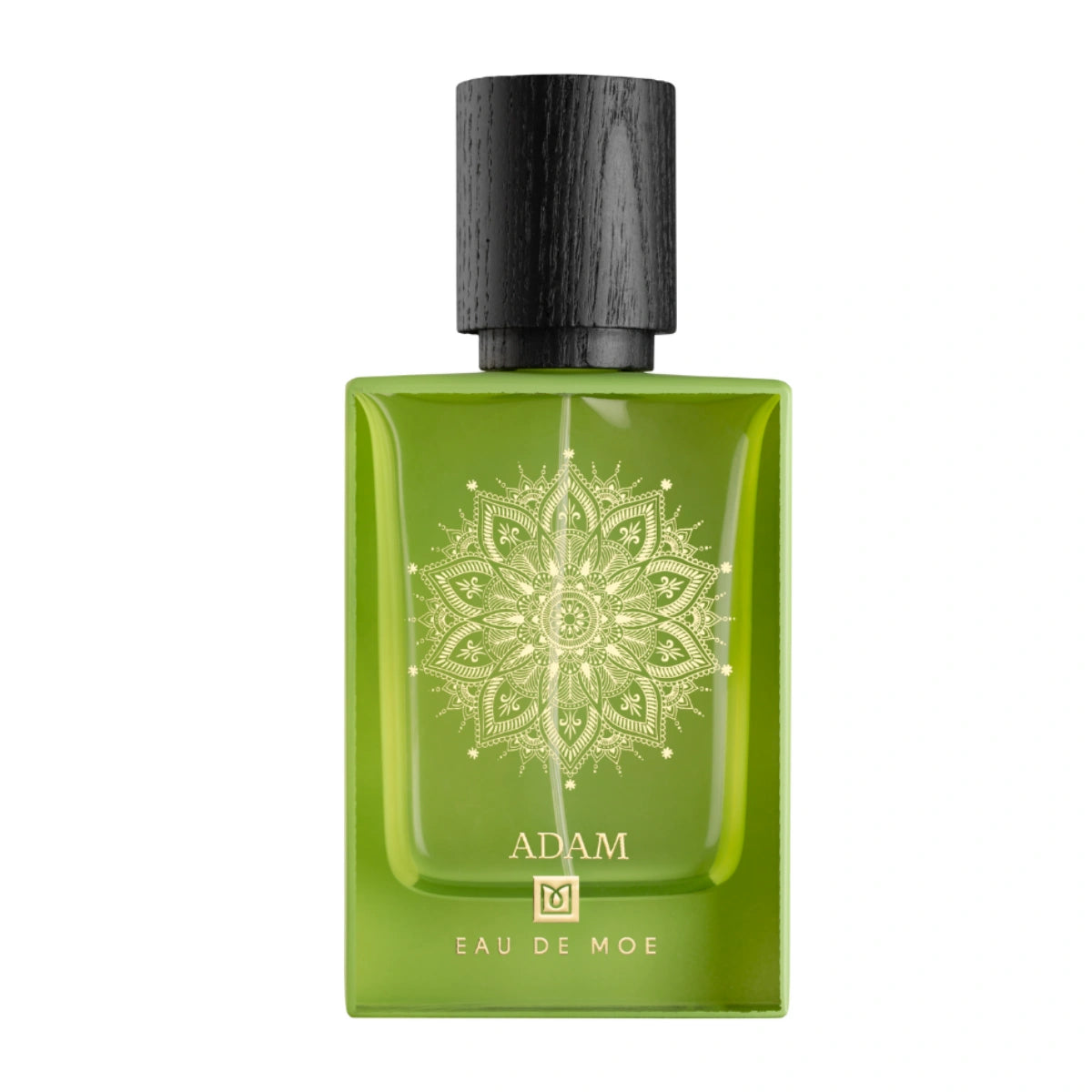 Eau De Moe - Adam Parfümflakon in grünem Glas mit filigranem goldenem Mandala und schwarzem Holzkorken auf weißem Hintergrund