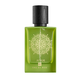 Eau De Moe - Adam Parfümflakon in grünem Glas mit filigranem goldenem Mandala und schwarzem Holzkorken auf weißem Hintergrund