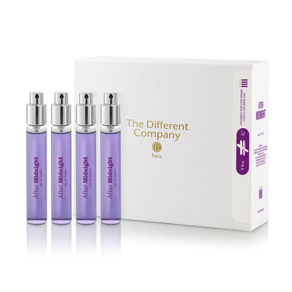 The Different Company - After Midnight - Travelset mit vier lila Zerstäubern und edler weißer Verpackung zum Mitnehmen