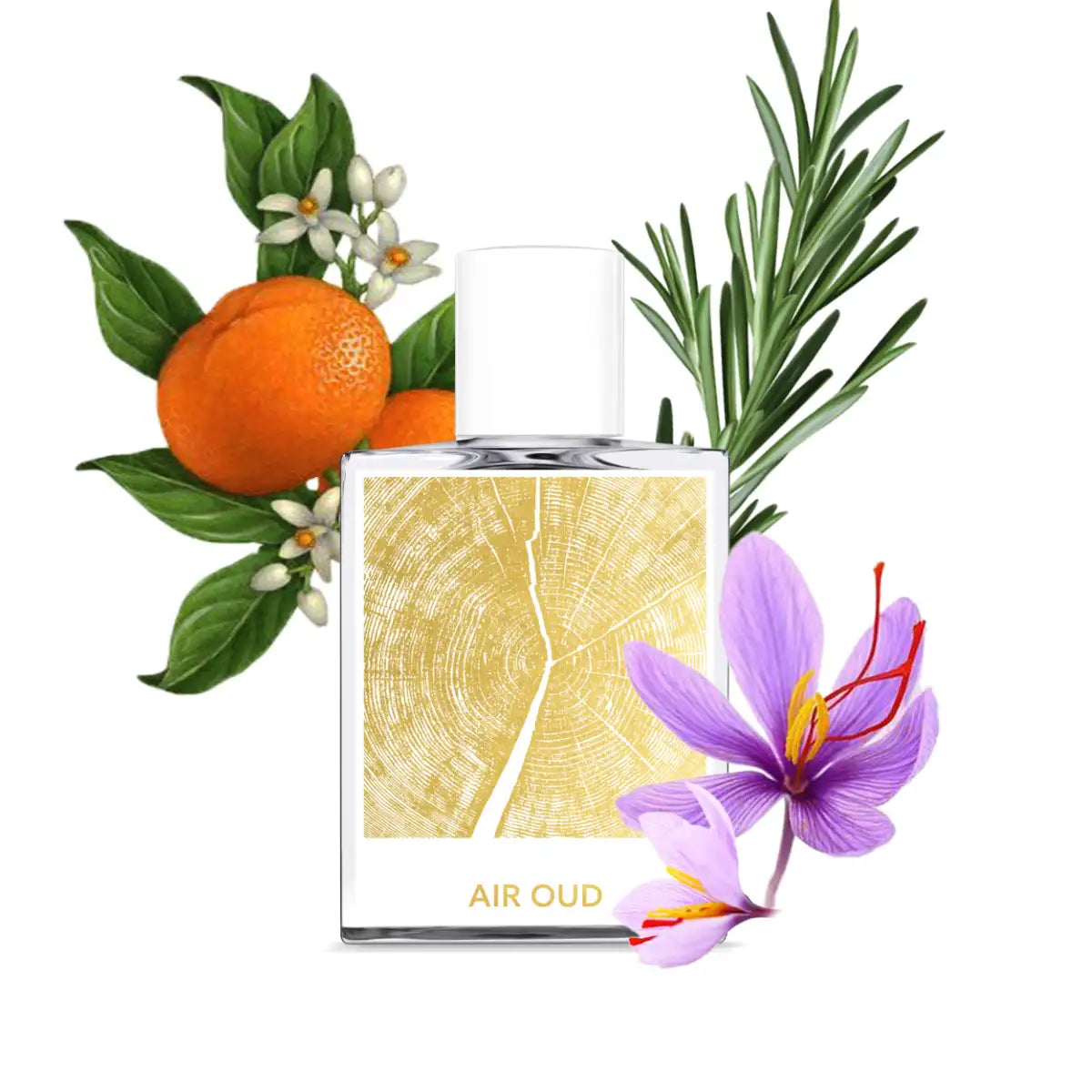 OHTOP - Air Oud Parfumflakon vor Holzstruktur mit frischer Mandarine, Rosmarin und zarten Blüten für natürliche Duftnoten
