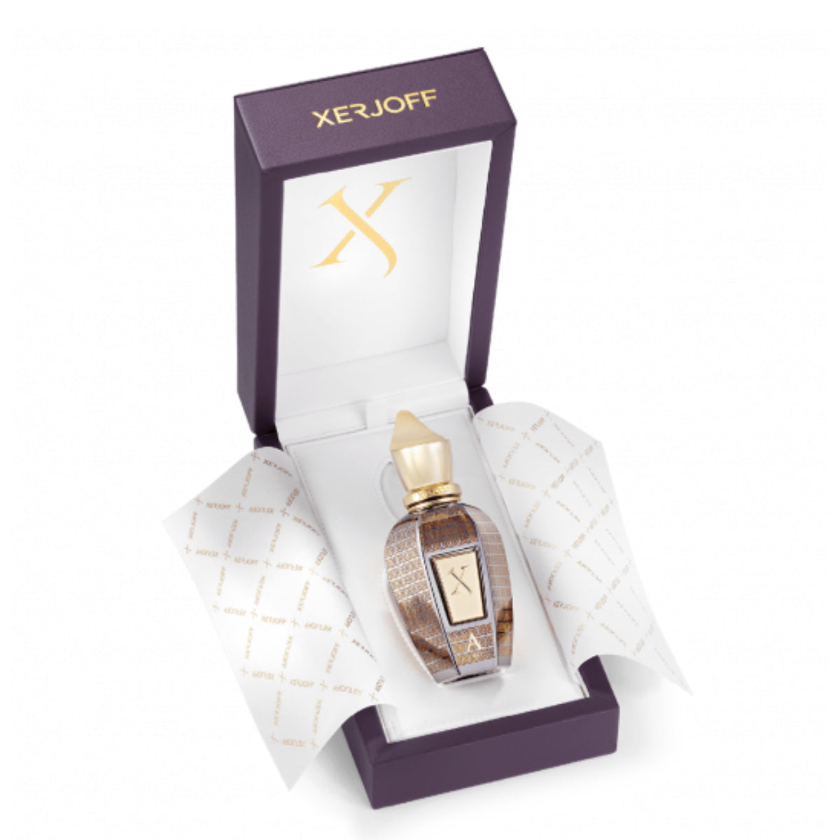 Xerjoff - Oud Stars - Alexandria III edler Parfumflakon in Prunkverpackung mit goldenen Details auf weißem Hintergrund