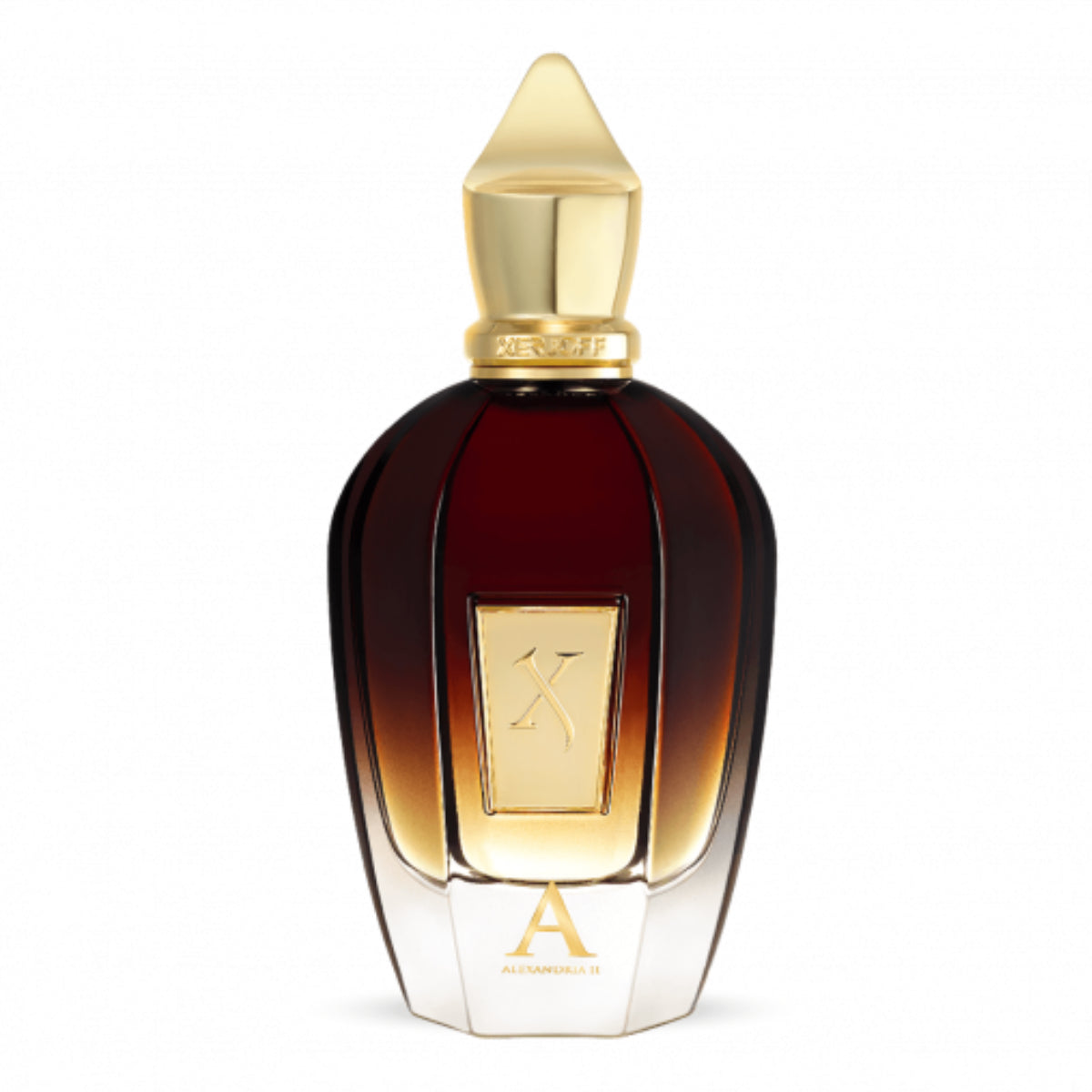 Xerjoff - Oud Stars - Alexandria II Flakon mit elegantem goldfarbenem Verschluss und dunklem Glas vor weißem Hintergrund