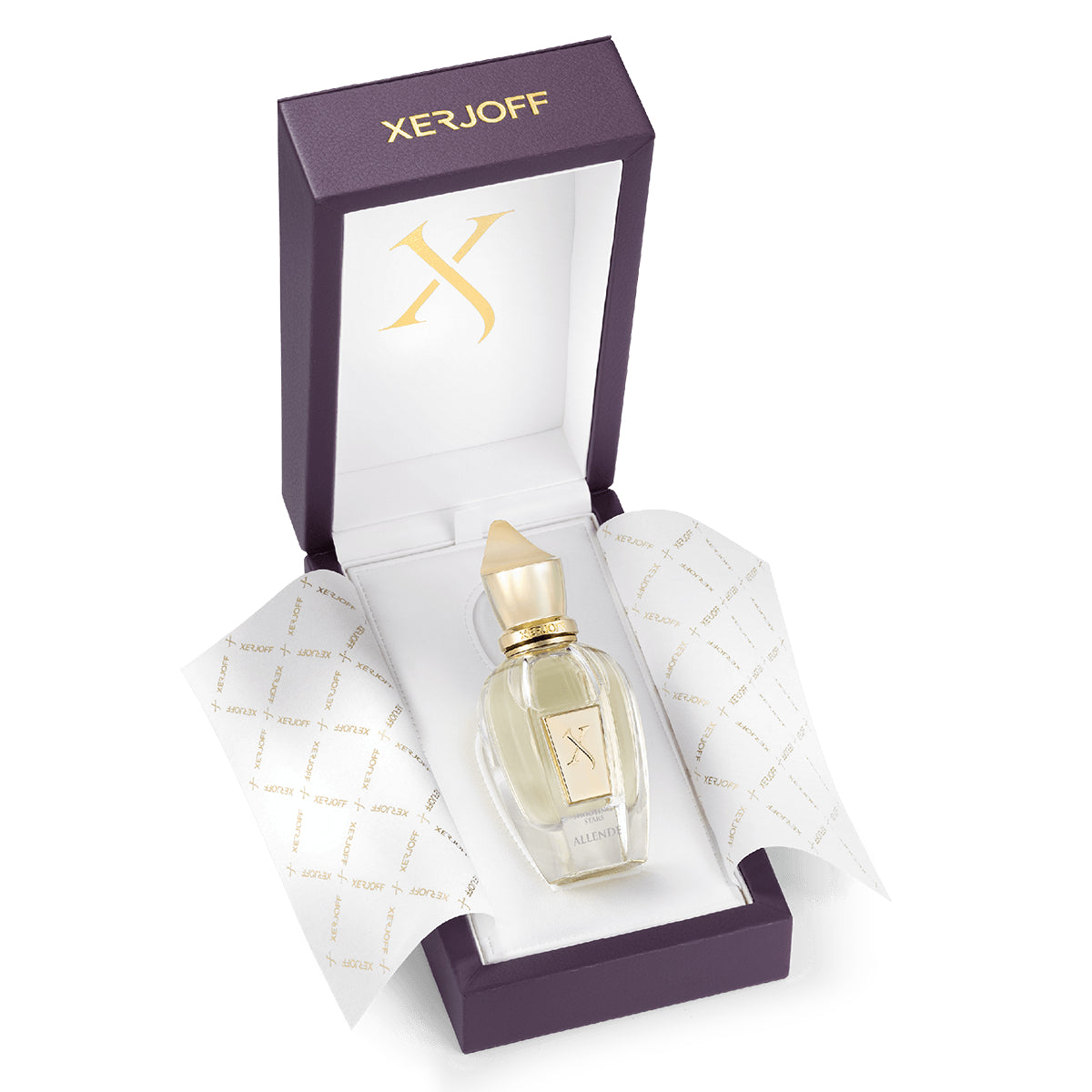 Xerjoff - Shooting Stars - Allende edler Parfumflakon mit goldfarbenem Verschluss in luxuriöser Geschenkbox geöffnet