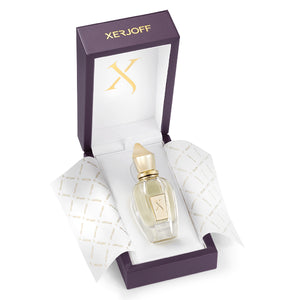 Xerjoff - Shooting Stars - Allende edler Parfumflakon mit goldfarbenem Verschluss in luxuriöser Geschenkbox geöffnet