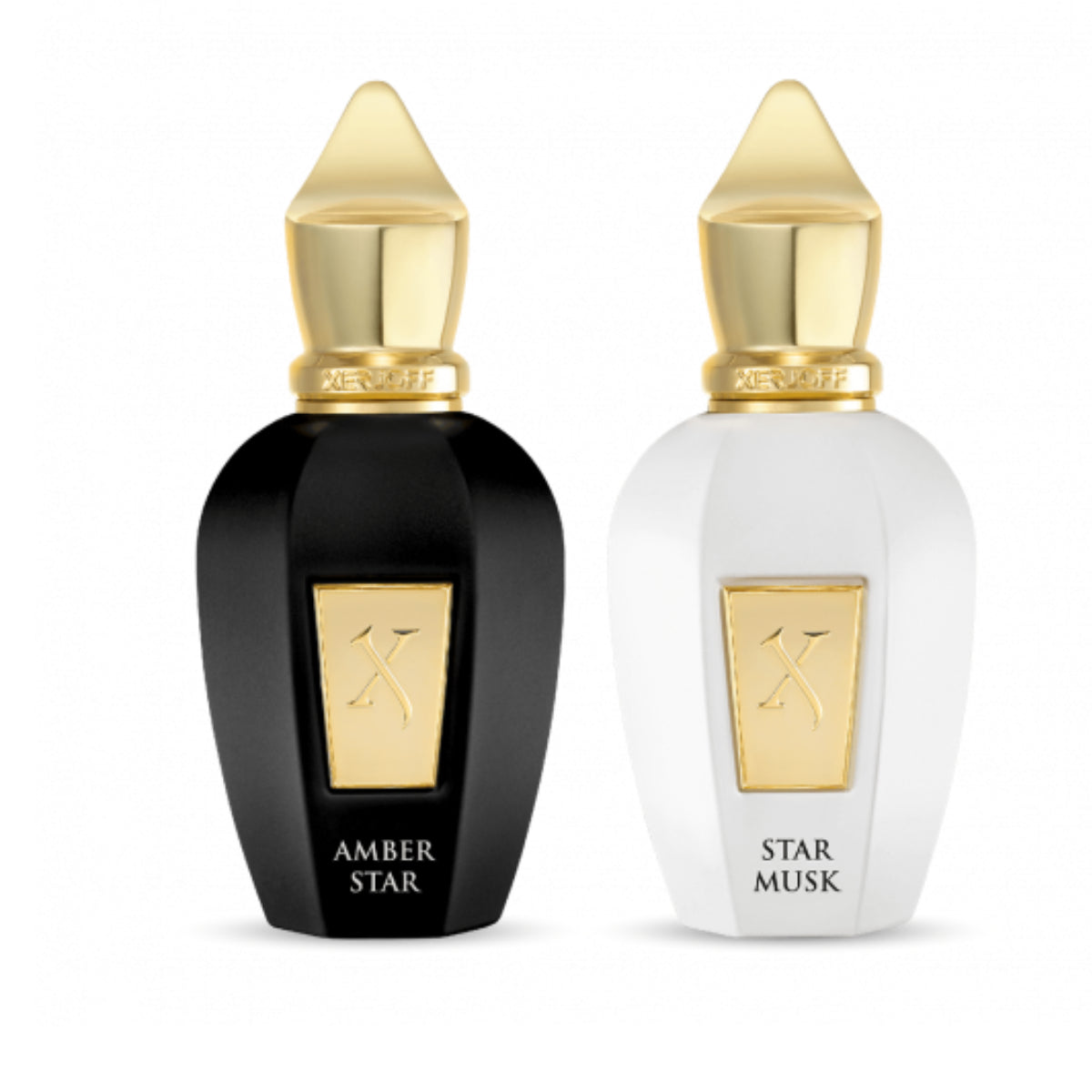 Xerjoff - Shooting Stars - Amber Star & Star Musk Parfumflakons in elegantem Schwarz und Weiß mit goldfarbenen Details
