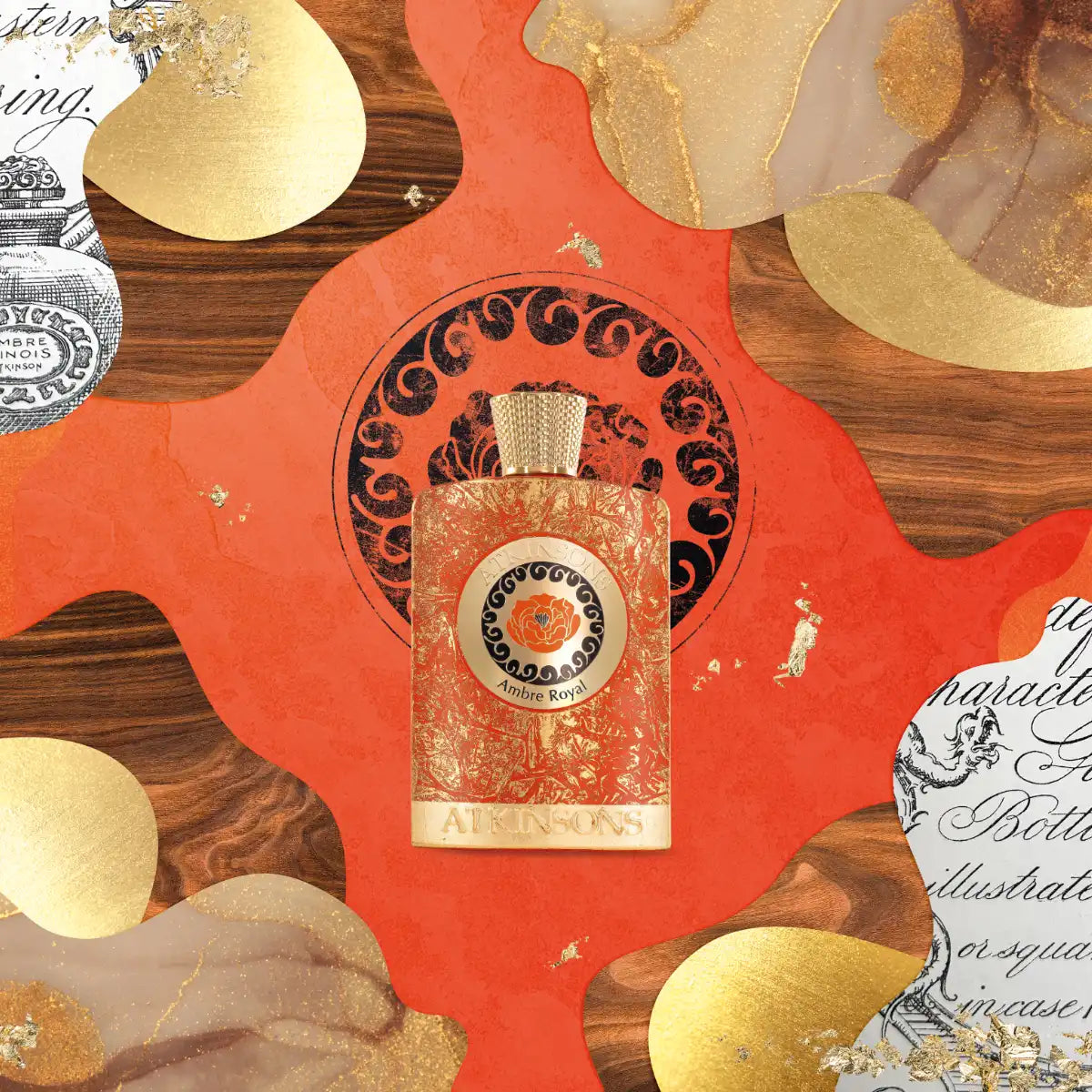 Atkinsons 1799 - Ambre Royal Parfumflakon mit kunstvollem gold-rotem Design auf dekorativem Hintergrund