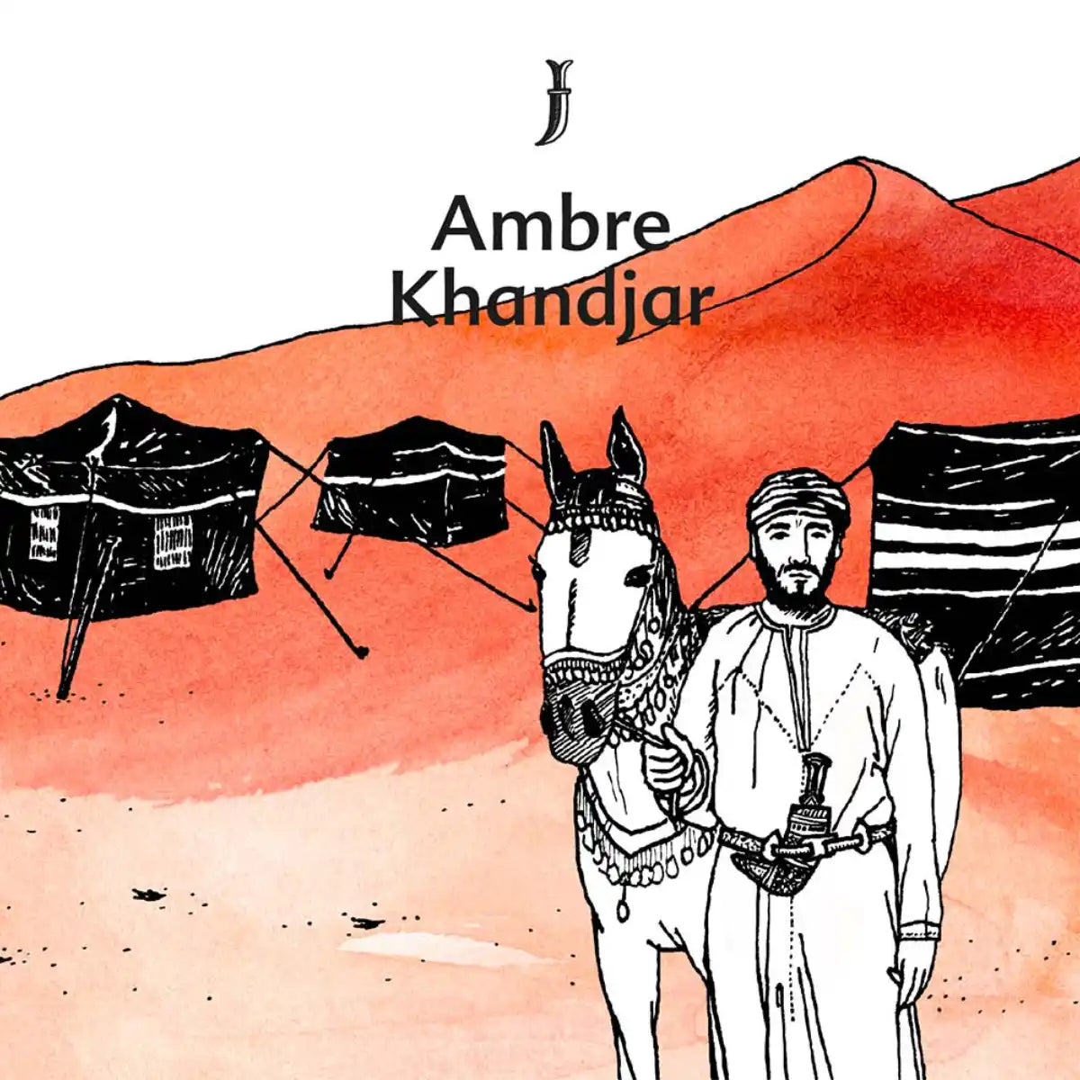 Une Nuit Nomade - Une Nuit a Oman - Ambre Khandjar Illustration Mann mit Pferd vor Zelten und Wüstenhügeln in warmen Rottönen
