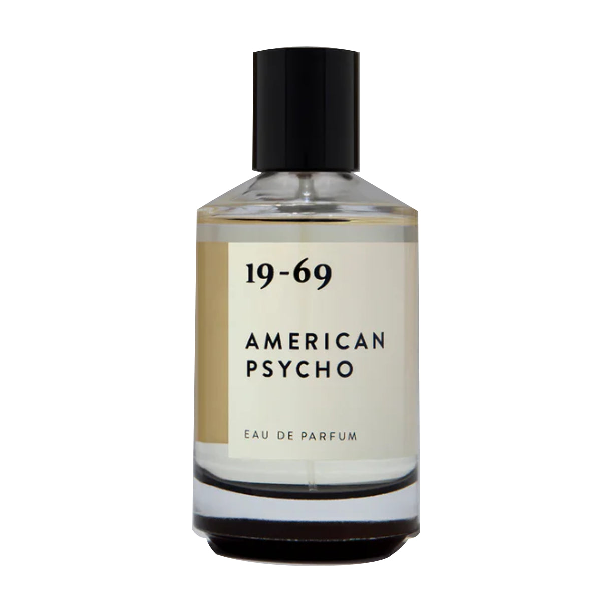 19-69 - American Psycho Parfumflakon mit klarer Flüssigkeit und schwarzem Verschluss vor weißem Hintergrund