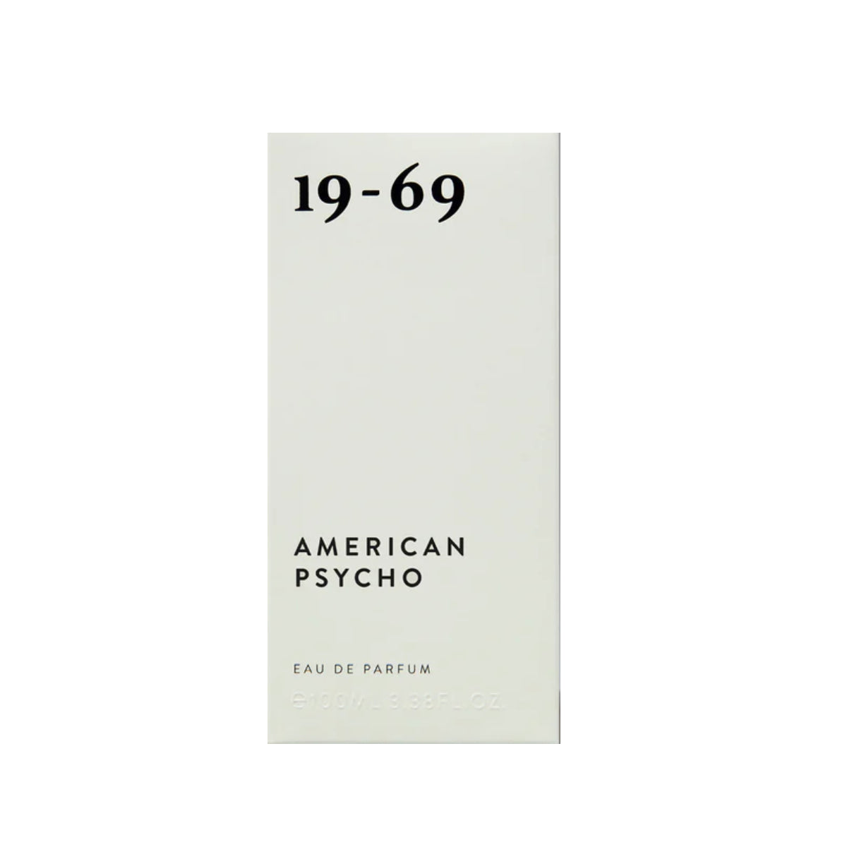19-69 - American Psycho schlichtes weißes Parfumkarton mit schwarzer Schrift und minimalistischer Gestaltung
