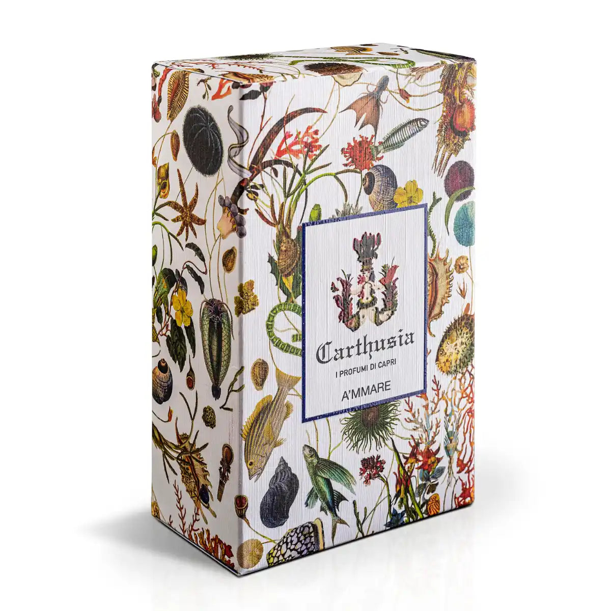 Carthusia - A'MMARE Verpackung mit farbenfrohem Meeresmotiv und klassischem Logo als Hommage an Capri