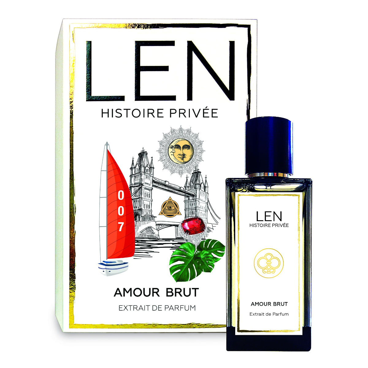 LEN - Amour Brut Parfumflakon mit tiefblauem Deckel und eleganter klarer Form neben dekorativer Verpackung