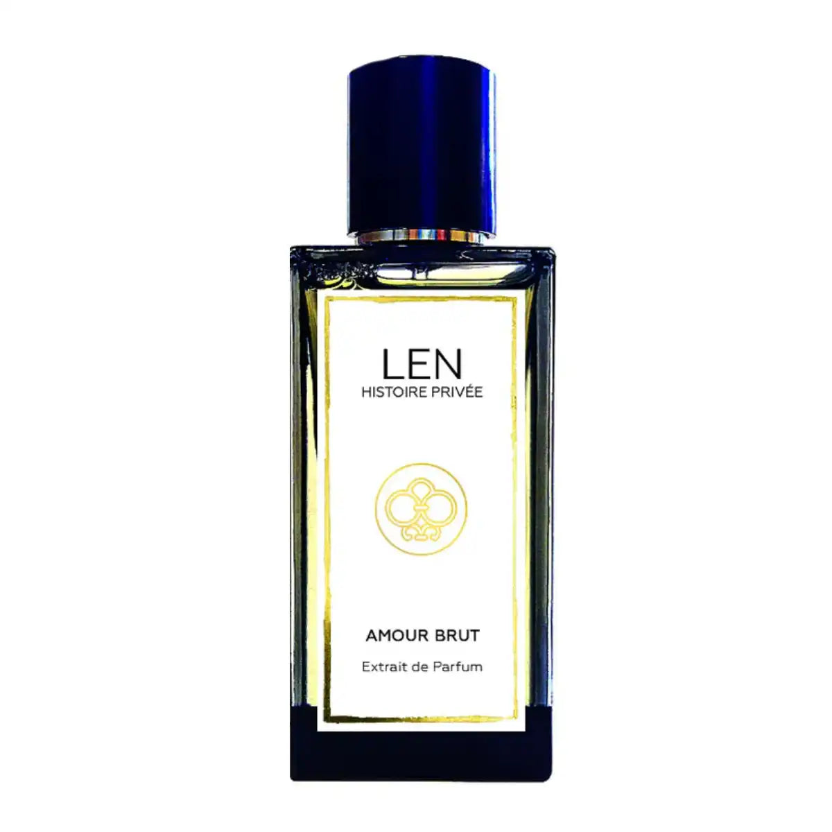 LEN - Amour Brut Parfumflakon mit klarem Glas, goldenem Rahmen und tiefblauem Deckel in eleganter Form