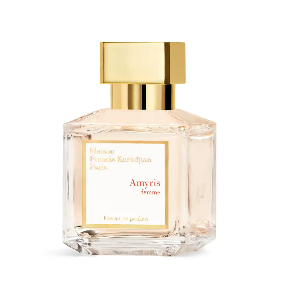 Maison Francis Kurkdjian Paris - Amyris Femme - Extrait de Parfum mit klarem Glasflakon und goldenem Deckel vor weißem Hintergrund