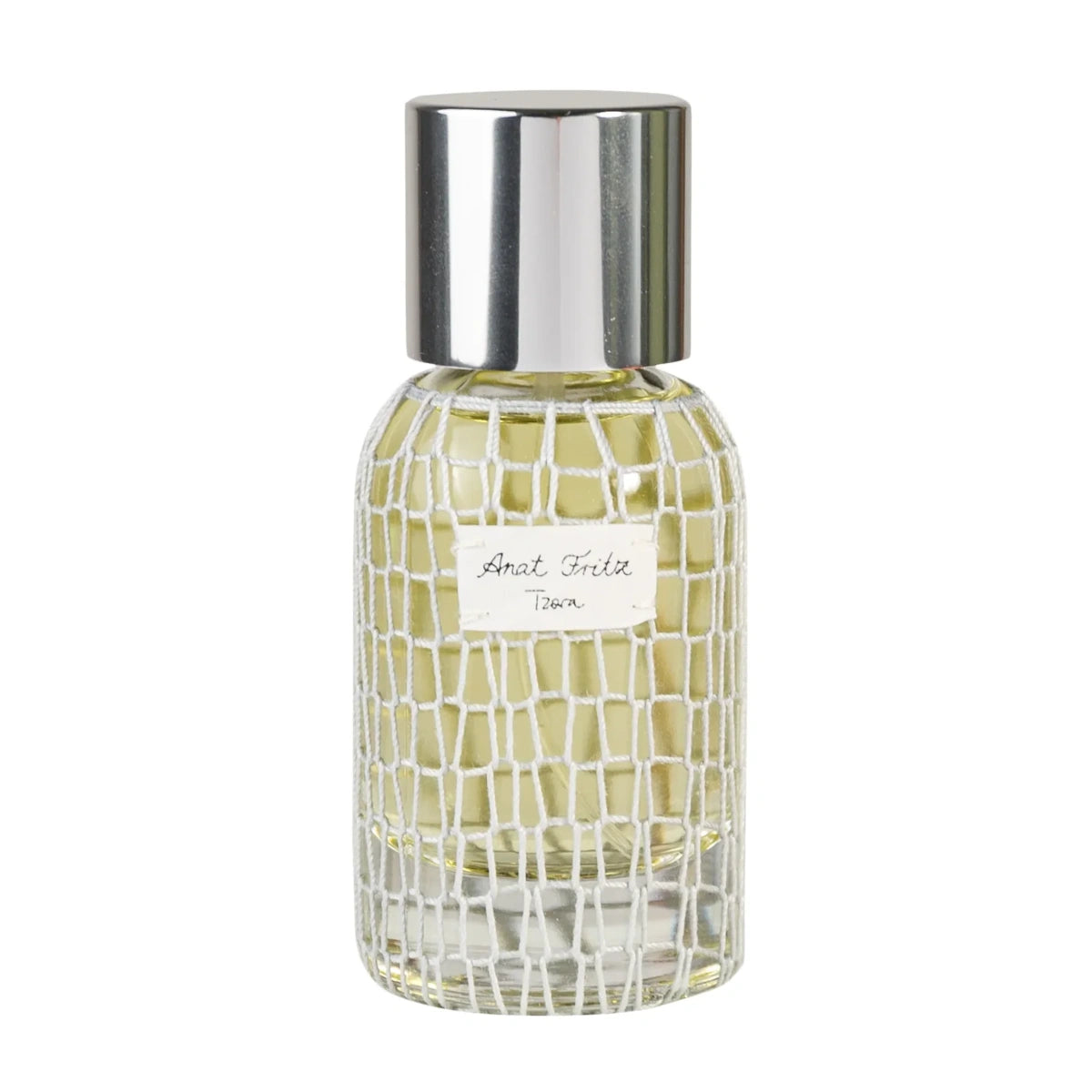 Anat Fritz - Tzor'a Parfumflakon mit silbernem Deckel und feiner Netzstruktur auf klarem Glas in elegantem Design