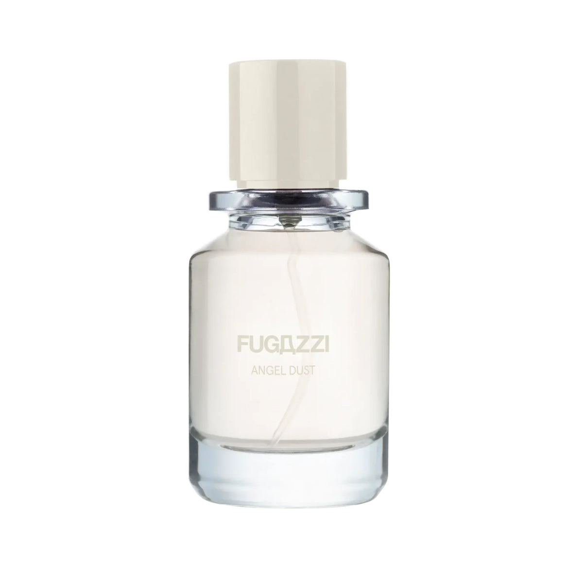 Fugazzi - Angel Dust Parfumflakon mit klarer, sanfter Note und cremefarbenem Verschluss vor weißem Hintergrund