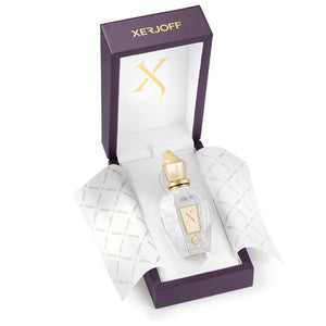 Xerjoff - Shooting Stars - Apollonia Parfumflakon mit goldener Kappe in hochwertiger violetter Geschenkbox geöffnet