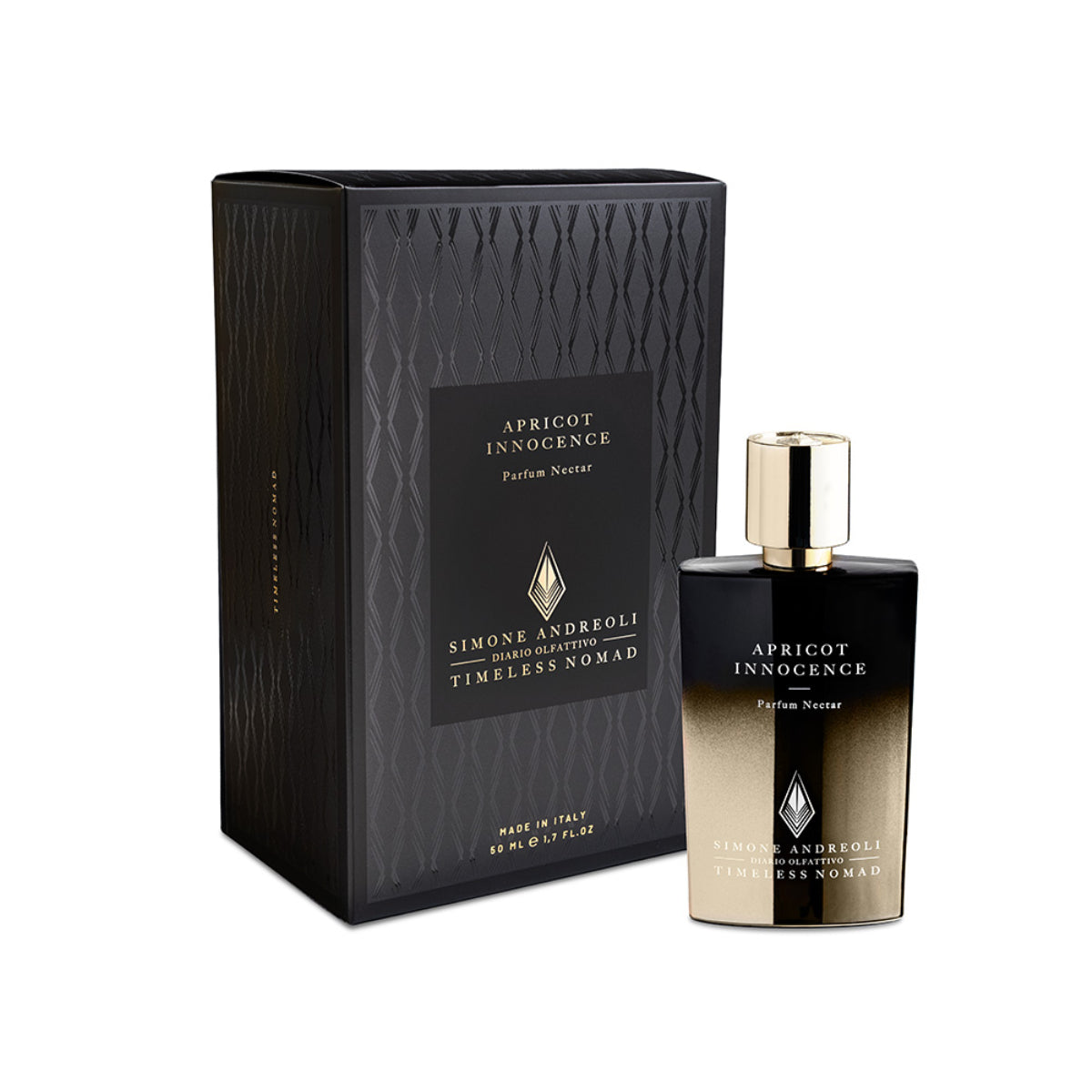 Simone Andreoli - Apricot Innocence Parfumflakon mit elegantem Gold-Schwarz-Verlauf neben schwarzer Verpackung