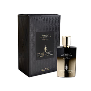 Simone Andreoli - Apricot Innocence Parfumflakon mit elegantem Gold-Schwarz-Verlauf neben schwarzer Verpackung