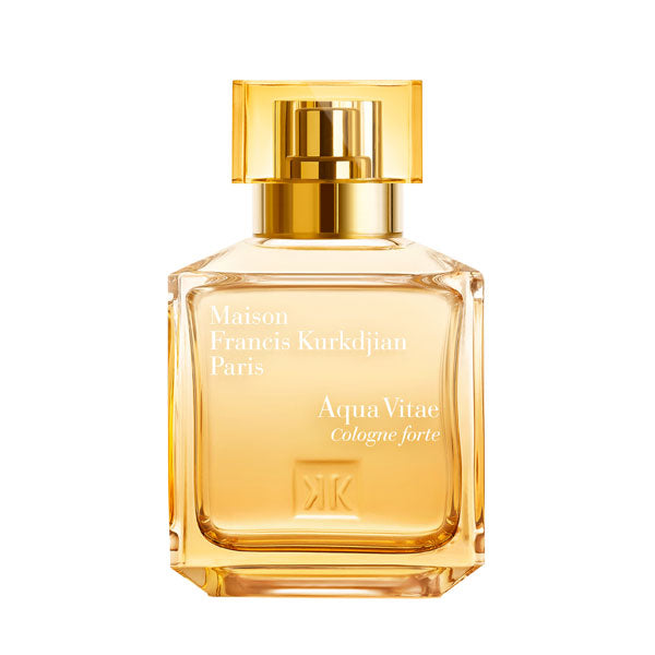 Maison Francis Kurkdjian Paris - Aqua Vitae Cologne Forte Flakon mit goldfarbenem Verschluss vor weißem Hintergrund