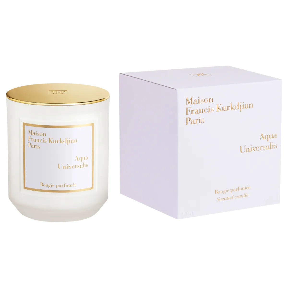 Maison Francis Kurkdjian Paris - Aqua Universalis - Duftkerze mit weißem Glas und edlem goldfarbenem Deckel neben Verpackung