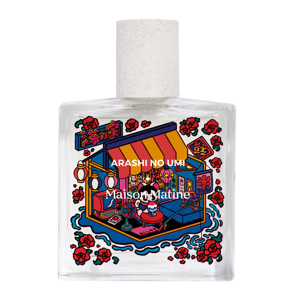 Maison Matine - Arashi no Umi Parfumflakon mit farbenfroher asiatischer Marktillustration und floralen Akzenten auf klarem Glas