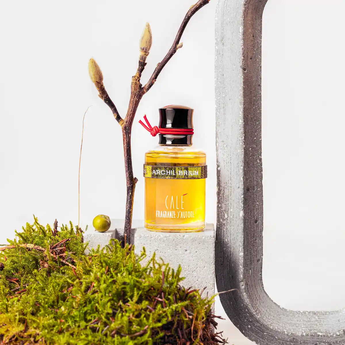 Calé Fragranze d'Autore - Archilibrium Flakon mit goldenem Inhalt und rotem Band auf grauem Betonrahmen und Moos