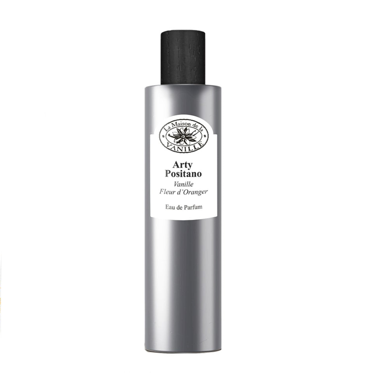 La Maison de la Vanille - Vanille Continental - Arty Positano silberner Parfumflakon mit schwarzem Holzverschluss vor weißem Hintergrund