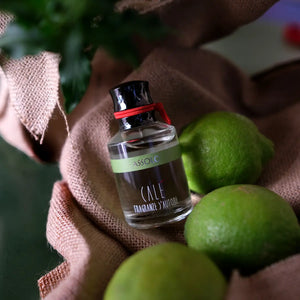 Calé Fragranze d'Autore - Assolo Flakon mit schwarzem Verschluss und rotem Band auf braunem Stoff neben frischen Limetten