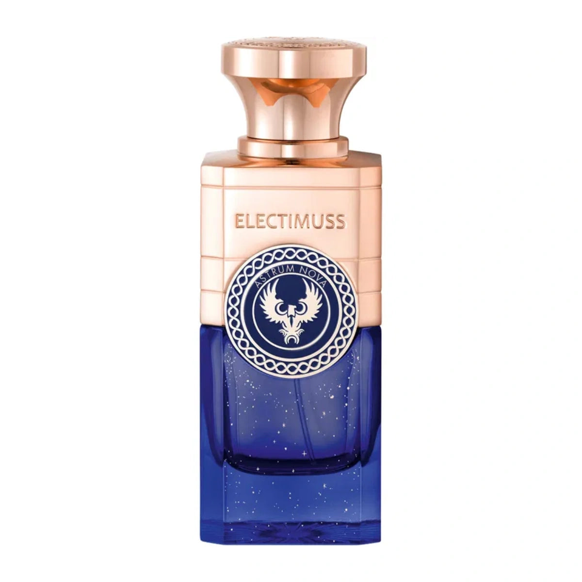 Electimuss - Astrum Nova Flakon in tiefblauem Glas mit goldfarbenem Verschluss und elegantem Emblem in feinem Design