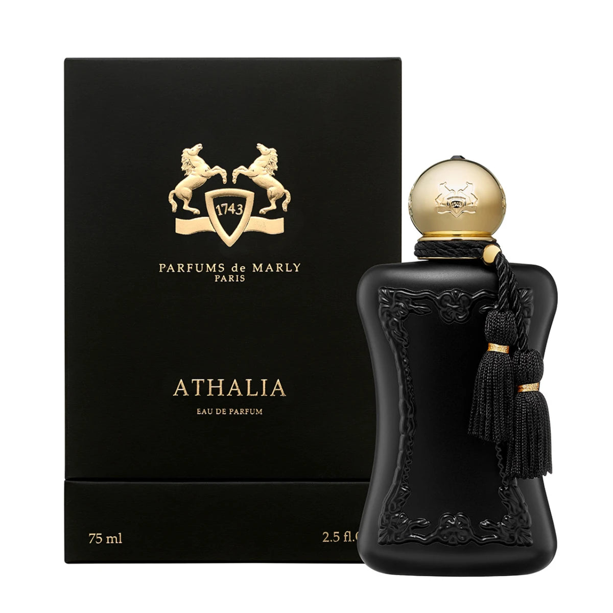 Parfums de Marly - Athalia luxuriöser schwarzer Flakon mit goldener Kappe und dekorativem Quastenanhänger vor edler Verpackung