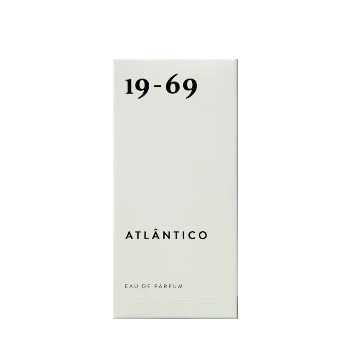 19-69 - Atlantico Parfumkarton in schlichtem Weiß mit schwarzer Schrift und minimalistischer Gestaltung