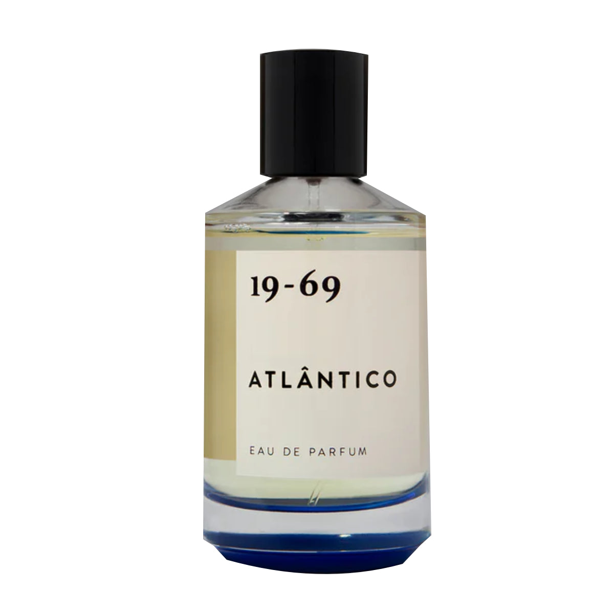 19-69 - Atlantico Parfumflakon mit transparentem Glas und schwarzem Verschluss vor weißem Hintergrund