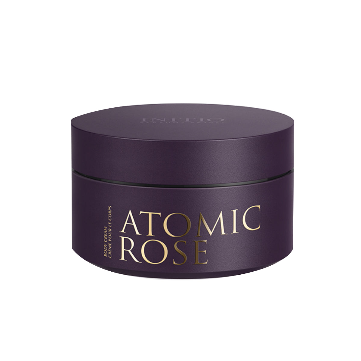 Initio - Atomic Rose - Body Cream dunkelviolette Dose mit goldener Schrift vor weißem Hintergrund