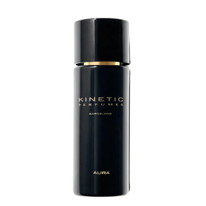Kinetic Perfumes - Aura schwarzer eleganter Duftflakon mit goldener Schrift vor weißem Hintergrund minimalistisch gestaltet