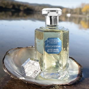 Lorenzo Villoresi - Mare Nostrum - Aura Maris klarer Flakon mit facettiertem Verschluss auf Muschelschale vor Wasserlandschaft