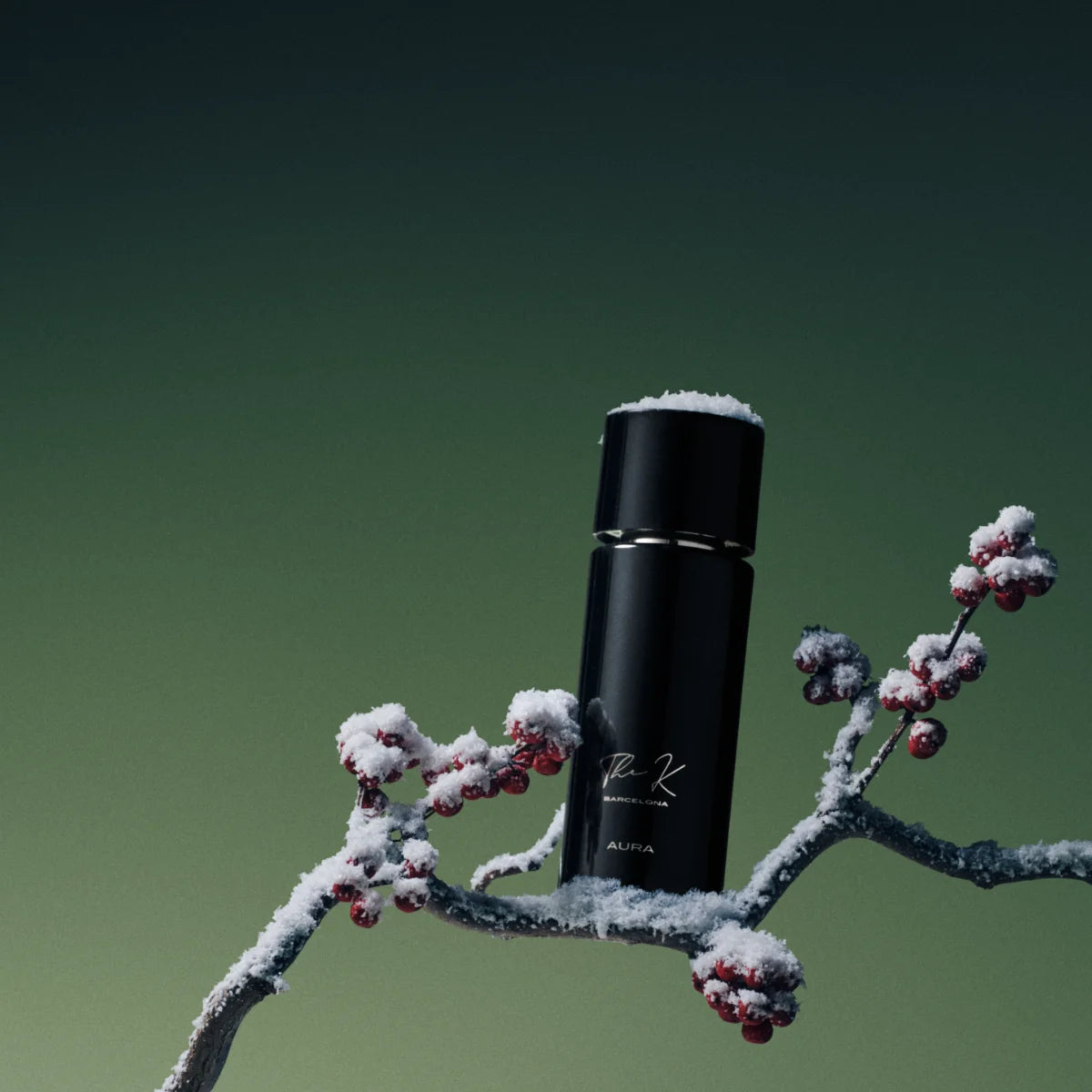 Kinetic Perfumes - Aura schwarzer Flakon mit mattem Finish auf schneebedecktem Ast vor grünem Hintergrund
