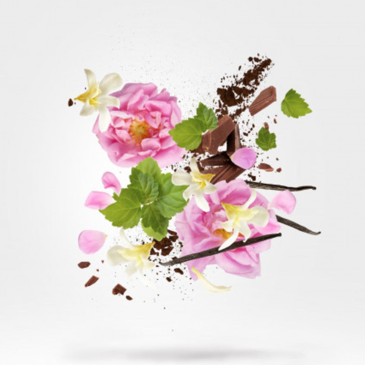 Xerjoff - K Collection - Aurum mit Rosen, Schokolade, Vanilleschoten und grünen Blättern auf hellem Hintergrund