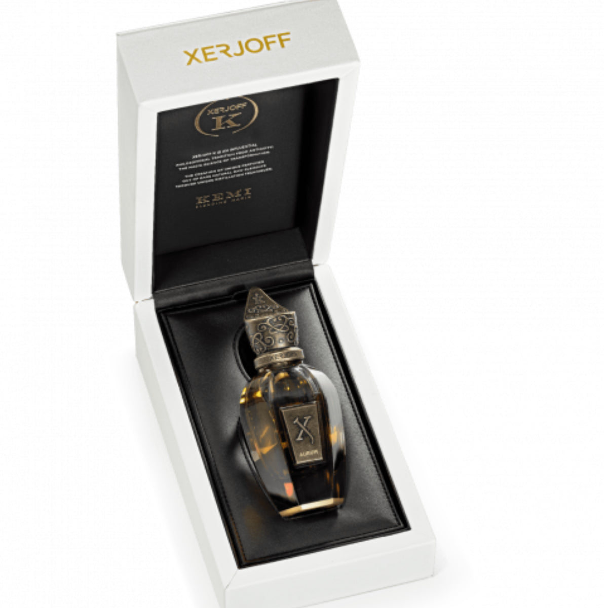 Xerjoff - K Collection - Aurum elegant verpacktes Parfumflakon mit kunstvollem goldbraunem Design und dekorativem Verschluss