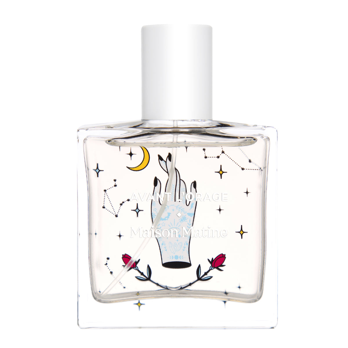 Maison Matine - Avant l’Orage Parfumflakon mit mystischer Handillustration, Mond und Sternbildern auf klarem Glas