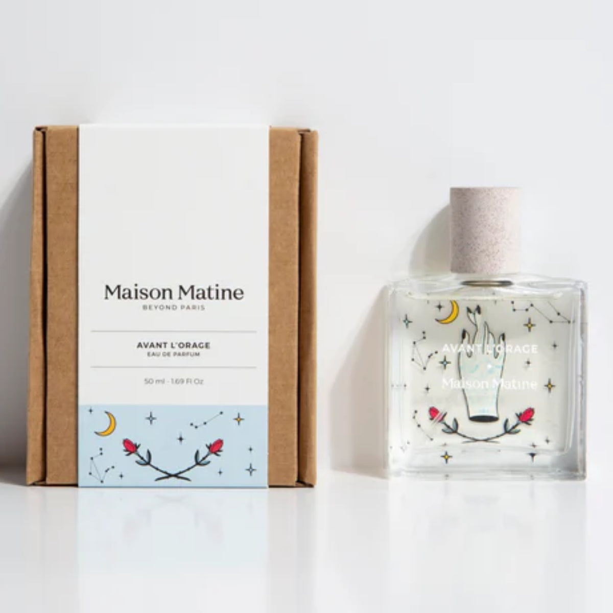 Maison Matine - Avant l’Orage Parfumflakon mit zarten Himmelsmotiven und minimalistischer Verpackung aus Naturkarton