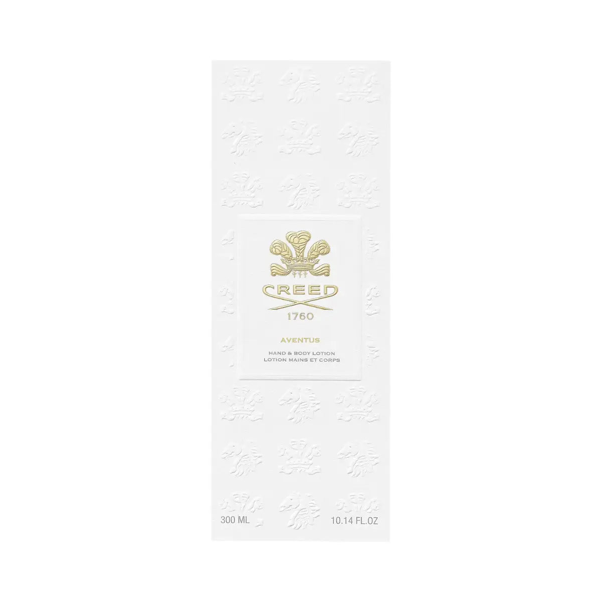 Creed - Aventus - Hand & Body Lotion Verpackung in Weiß mit goldfarbenem Logo und edlem, geprägt wirkendem Design