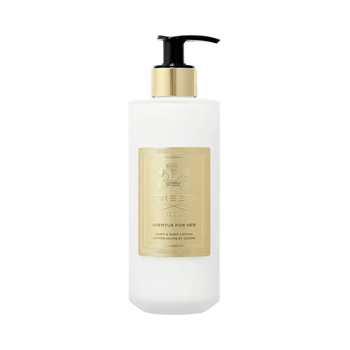Creed - Aventus for Her - Hand & Body Lotion in weißer Flasche mit goldfarbenem Etikett und schwarzer Pumpe für tägliche Pflege